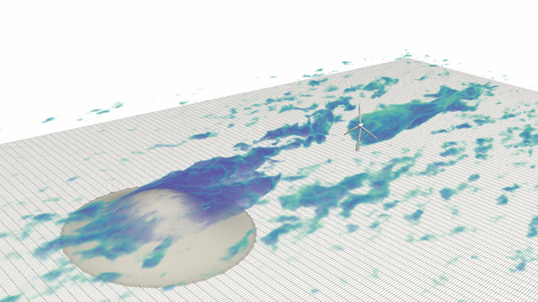 Figuur 1. Een van de simulaties uitgevoerd door Liu met vlak achter de heuvel veel turbulentie. Visualisatie door Dr. Srinidhi Gadde.