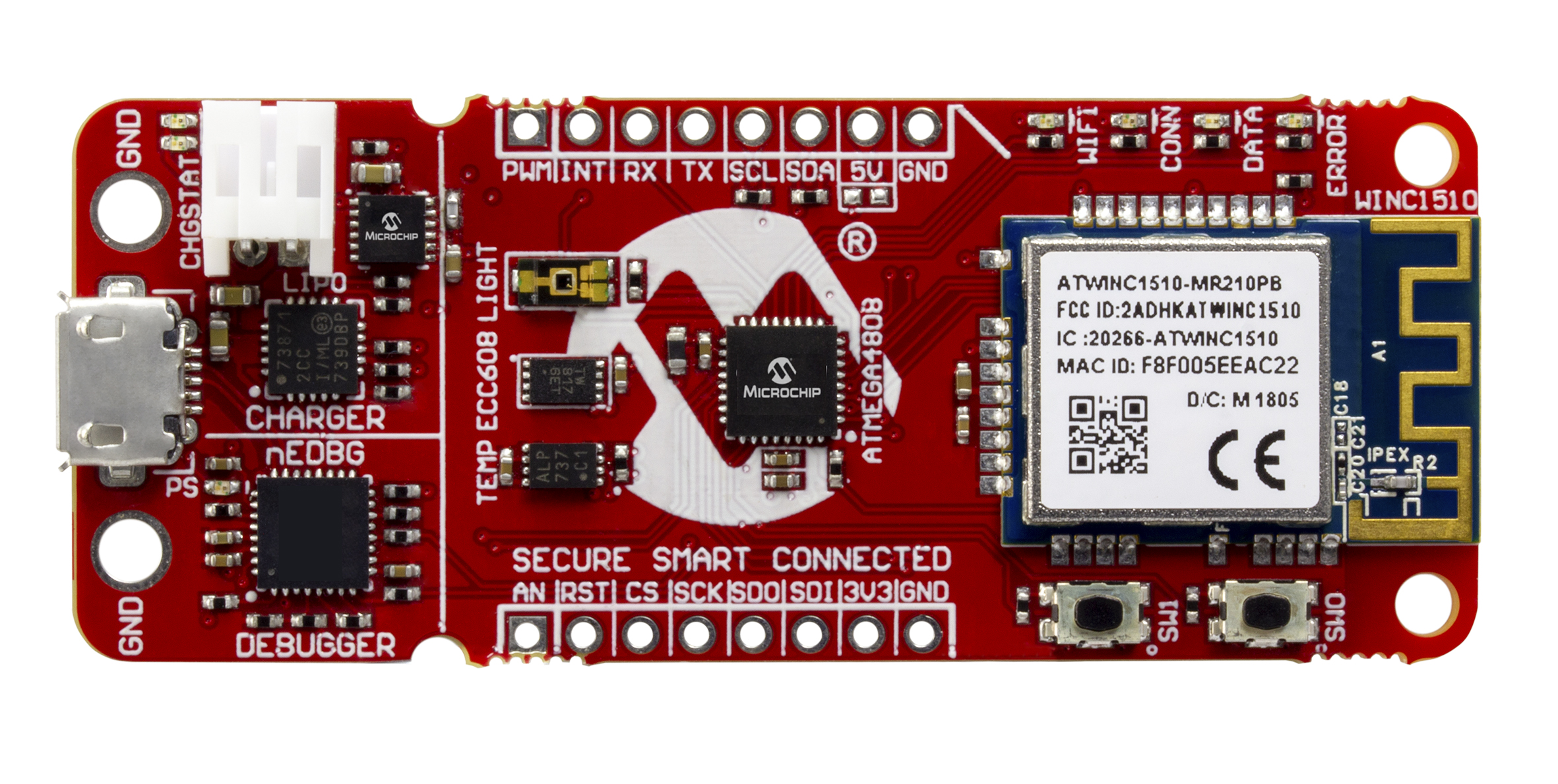 Afbeelding 4. De AVR-IoT WG ontwikkelkaart combineert een AVR microcontroller, geïntegreerd beveiligingselement (IC) en een gecertificeerde Wifi netwerk controller, waarmee ontwerpers een prototype van een verbonden apparaat binnen minuten kunnen realiseren.